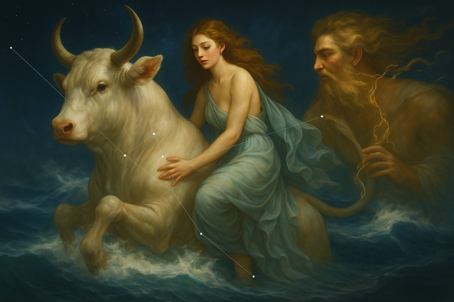 KI-generierte mythologische Darstellung des Sternbilds Stier (Taurus)