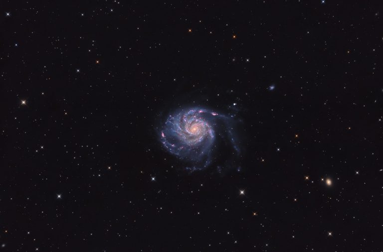 Astrofotografie der Feuerradgalaxie M101 mit weit geöffneten Spiralarmen, zahlreichen Sternentstehungsgebieten und schwachen Hintergrundgalaxien.