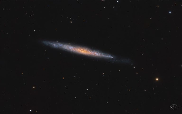 Astrofotografie der nahezu kantenständig gesehenen Spiralgalaxie NGC 4244, der Silbernadelgalaxie, als sehr schmale Sternscheibe mit Staubstrukturen.